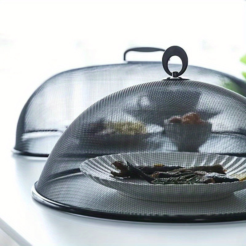 Mesh food cover made of stainless steel for use on indoor and outdoor tables, ideal for kitchen storage and organization. Can also be used as a lid for canister containers and other kitchen accessories.