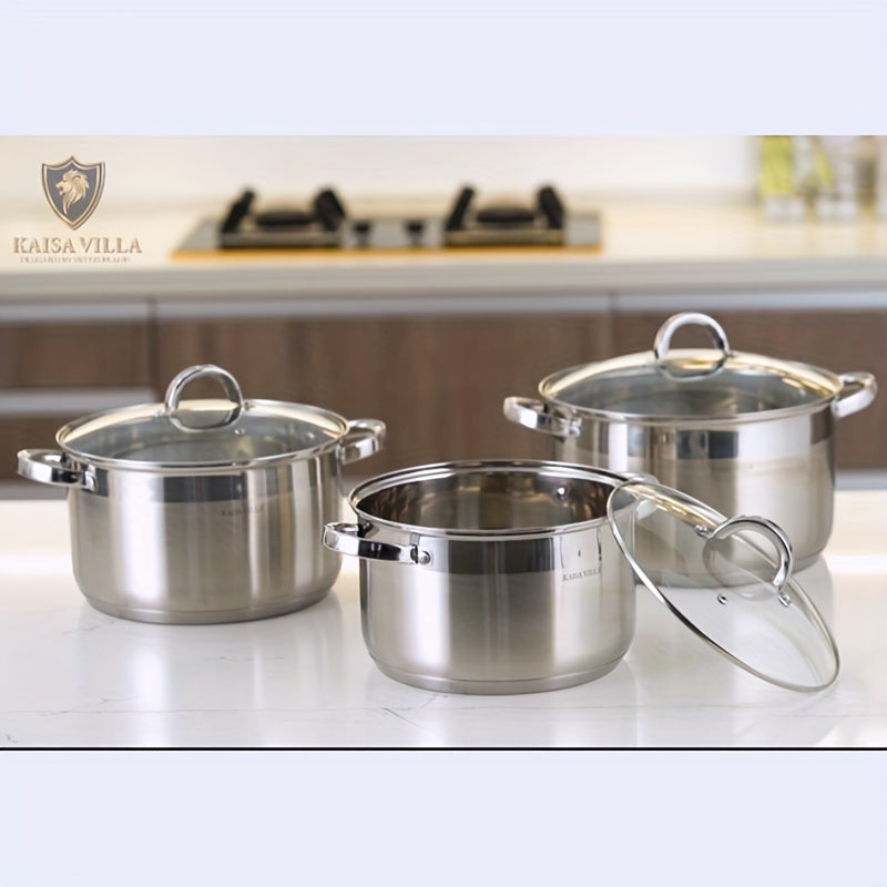 Set of 3 Premium Stainless Steel Soup Pots - Features Thickened 5-Layer Bottom, Double-Ear Handle, Heat-Resistant and Easy to Clean - Ideal for Gas Stove and Induction Cooktops