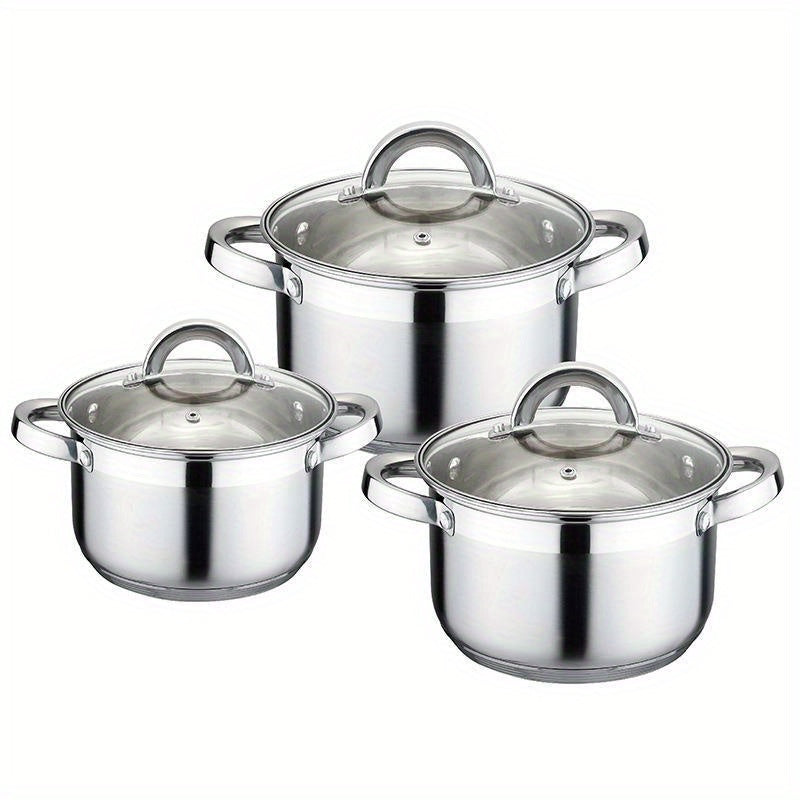 Set of 3 Premium Stainless Steel Soup Pots - Features Thickened 5-Layer Bottom, Double-Ear Handle, Heat-Resistant and Easy to Clean - Ideal for Gas Stove and Induction Cooktops