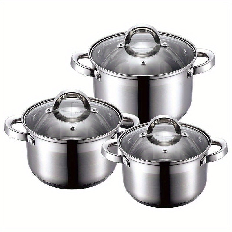 Set of 3 Premium Stainless Steel Soup Pots - Features Thickened 5-Layer Bottom, Double-Ear Handle, Heat-Resistant and Easy to Clean - Ideal for Gas Stove and Induction Cooktops