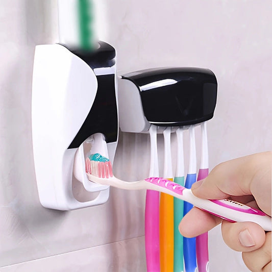 Wall-mounted toothbrush holder squeezes toothpaste automatically for 5 toothbrushes with no power needed; made of plastic.