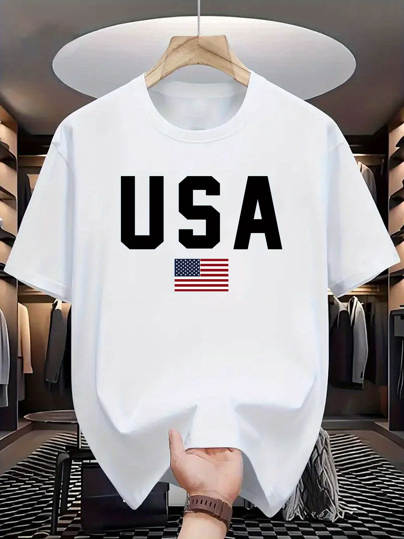 Men's Comfortable & Stretchy USA Flag T-Shirt. Ideal for Summer activities with American Emblem Design.