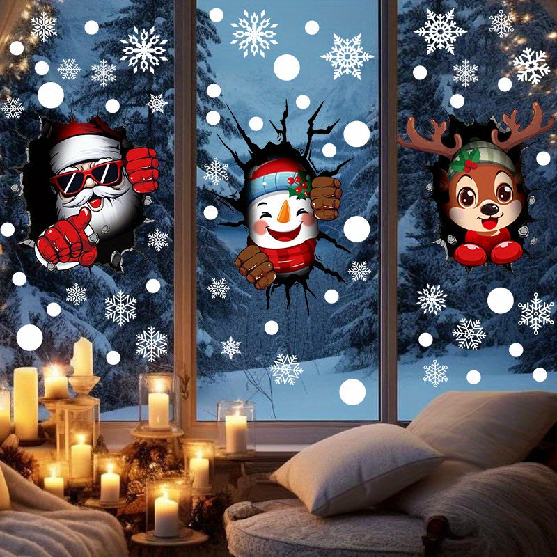 Three-dimensional Santa Claus, snowman, and elk stickers for Christmas decorations. These static electricity stickers can be applied to windows and glass surfaces, featuring snowflakes for a festive touch at Christmas parties.