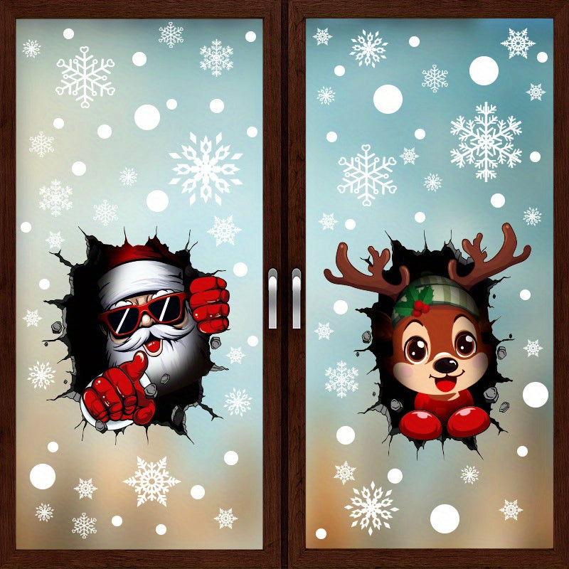 Three-dimensional Santa Claus, snowman, and elk stickers for Christmas decorations. These static electricity stickers can be applied to windows and glass surfaces, featuring snowflakes for a festive touch at Christmas parties.