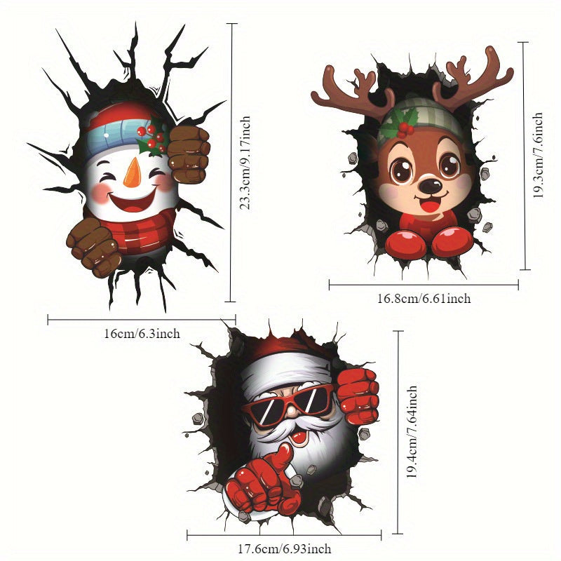 Three-dimensional Santa Claus, snowman, and elk stickers for Christmas decorations. These static electricity stickers can be applied to windows and glass surfaces, featuring snowflakes for a festive touch at Christmas parties.