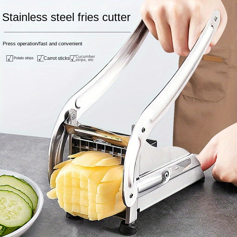 Non-Electric Stainless Steel French Fry Cutter and Vegetable Dicer with Comfort Handle, Perfect for Making Potato Chips, Cucumber and Carrot Sticks in the Kitchen.