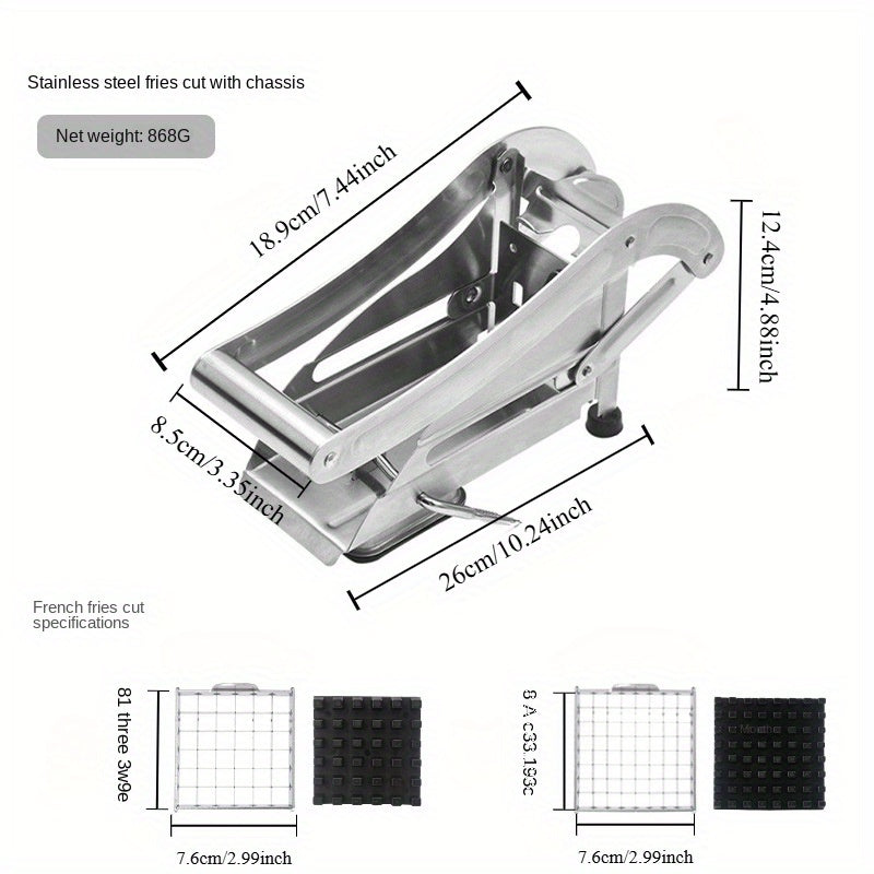 Non-Electric Stainless Steel French Fry Cutter and Vegetable Dicer with Comfort Handle, Perfect for Making Potato Chips, Cucumber and Carrot Sticks in the Kitchen.