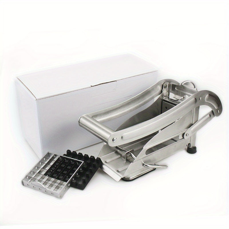 Non-Electric Stainless Steel French Fry Cutter and Vegetable Dicer with Comfort Handle, Perfect for Making Potato Chips, Cucumber and Carrot Sticks in the Kitchen.