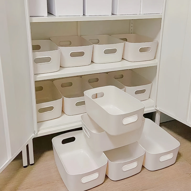 Set of 10 White Plastic Storage Boxes Featuring Convenient Handles - Multi-functional Organizers for Various Spaces such as Kitchen, Bathroom, Bedroom, Office, and Dorm | Perfect for Storing Cosmetics, Fruits, and Miscellaneous Items | Requires No