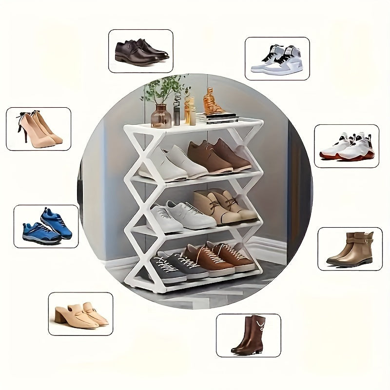 Introducing a versatile Four-Tier Plastic Folding Shoe Rack - perfect for any room in your home. With its space-saving design, this standalone organizer can hold up to 12 pairs of shoes. Conveniently floor-mounted, this storage rack is ideal for keeping