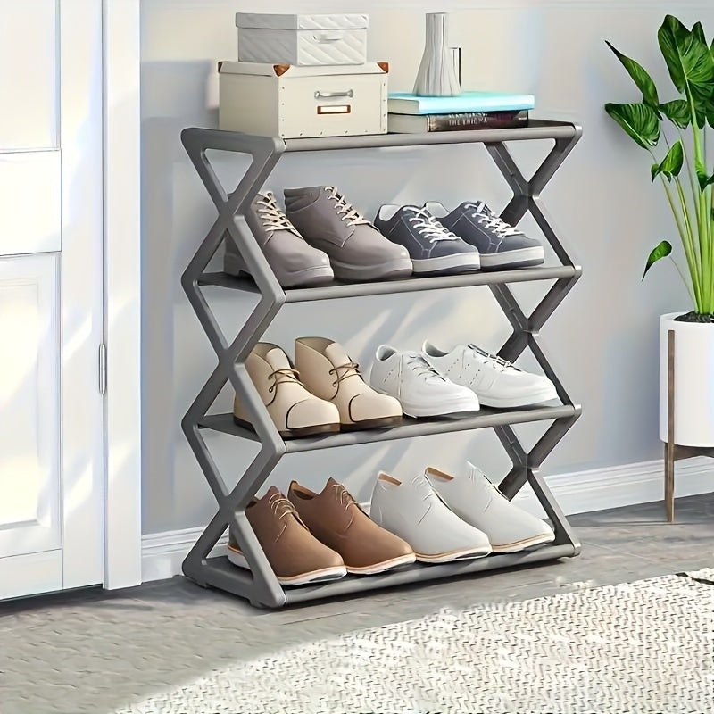 Introducing a versatile Four-Tier Plastic Folding Shoe Rack - perfect for any room in your home. With its space-saving design, this standalone organizer can hold up to 12 pairs of shoes. Conveniently floor-mounted, this storage rack is ideal for keeping