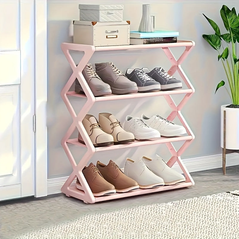 Introducing a versatile Four-Tier Plastic Folding Shoe Rack - perfect for any room in your home. With its space-saving design, this standalone organizer can hold up to 12 pairs of shoes. Conveniently floor-mounted, this storage rack is ideal for keeping