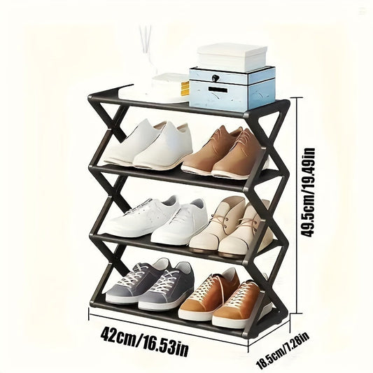 Introducing a versatile Four-Tier Plastic Folding Shoe Rack - perfect for any room in your home. With its space-saving design, this standalone organizer can hold up to 12 pairs of shoes. Conveniently floor-mounted, this storage rack is ideal for keeping