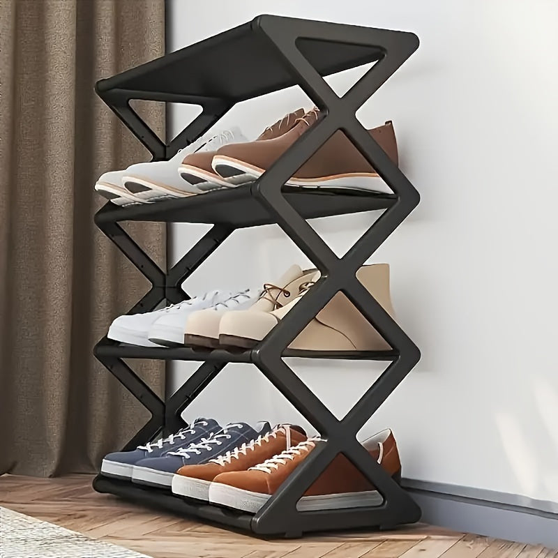 Introducing a versatile Four-Tier Plastic Folding Shoe Rack - perfect for any room in your home. With its space-saving design, this standalone organizer can hold up to 12 pairs of shoes. Conveniently floor-mounted, this storage rack is ideal for keeping