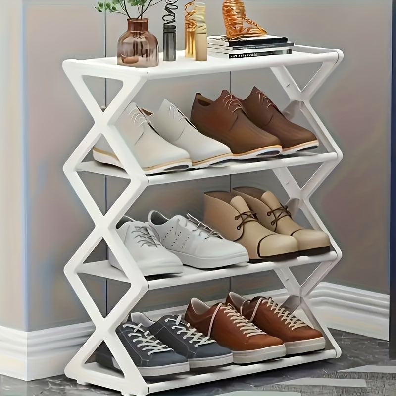 Introducing a versatile Four-Tier Plastic Folding Shoe Rack - perfect for any room in your home. With its space-saving design, this standalone organizer can hold up to 12 pairs of shoes. Conveniently floor-mounted, this storage rack is ideal for keeping