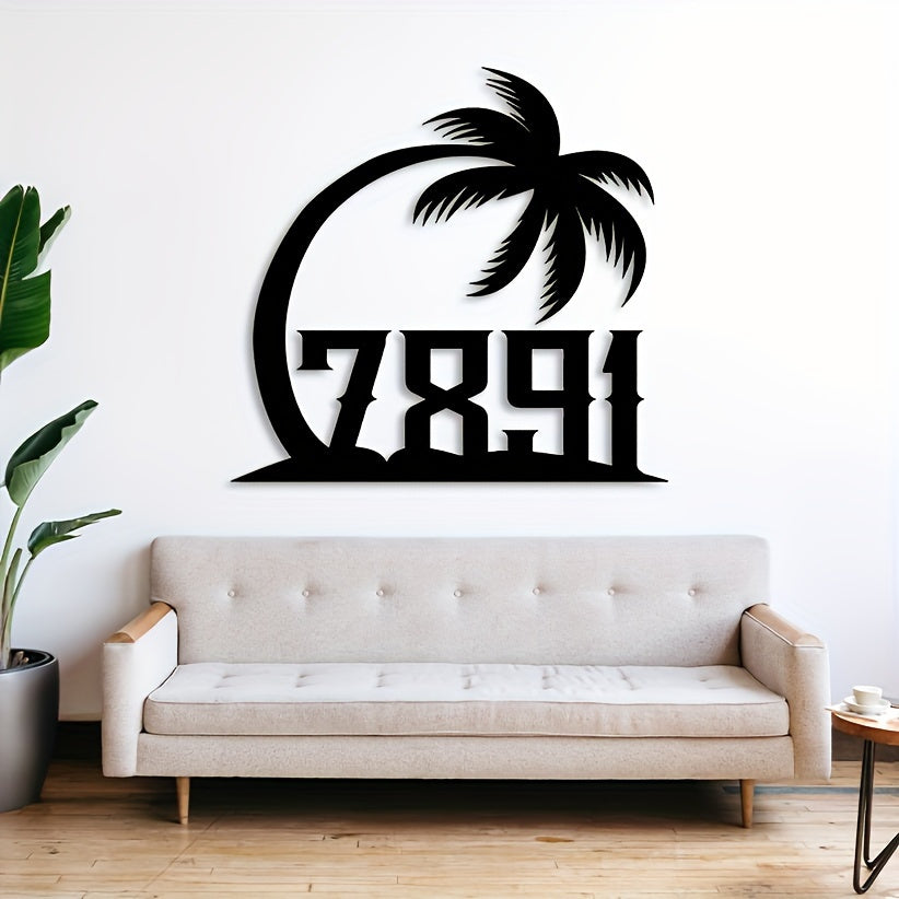 Customized metal sign featuring a palm tree design, complete with your house number and address - Perfect for adding a touch of beachy charm to your home décor. Hang it on your wall to complete the look.