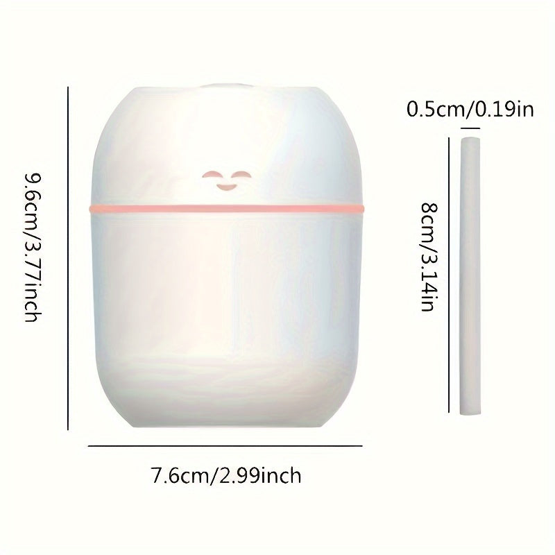 Compact USB-powered facial steamer for home, office, and car use. Can be used in various rooms, operates at low voltage, made of durable plastic.