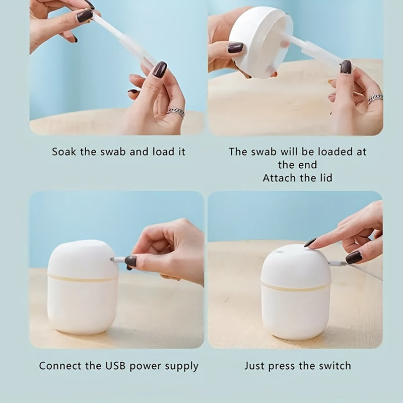 Compact USB-powered facial steamer for home, office, and car use. Can be used in various rooms, operates at low voltage, made of durable plastic.