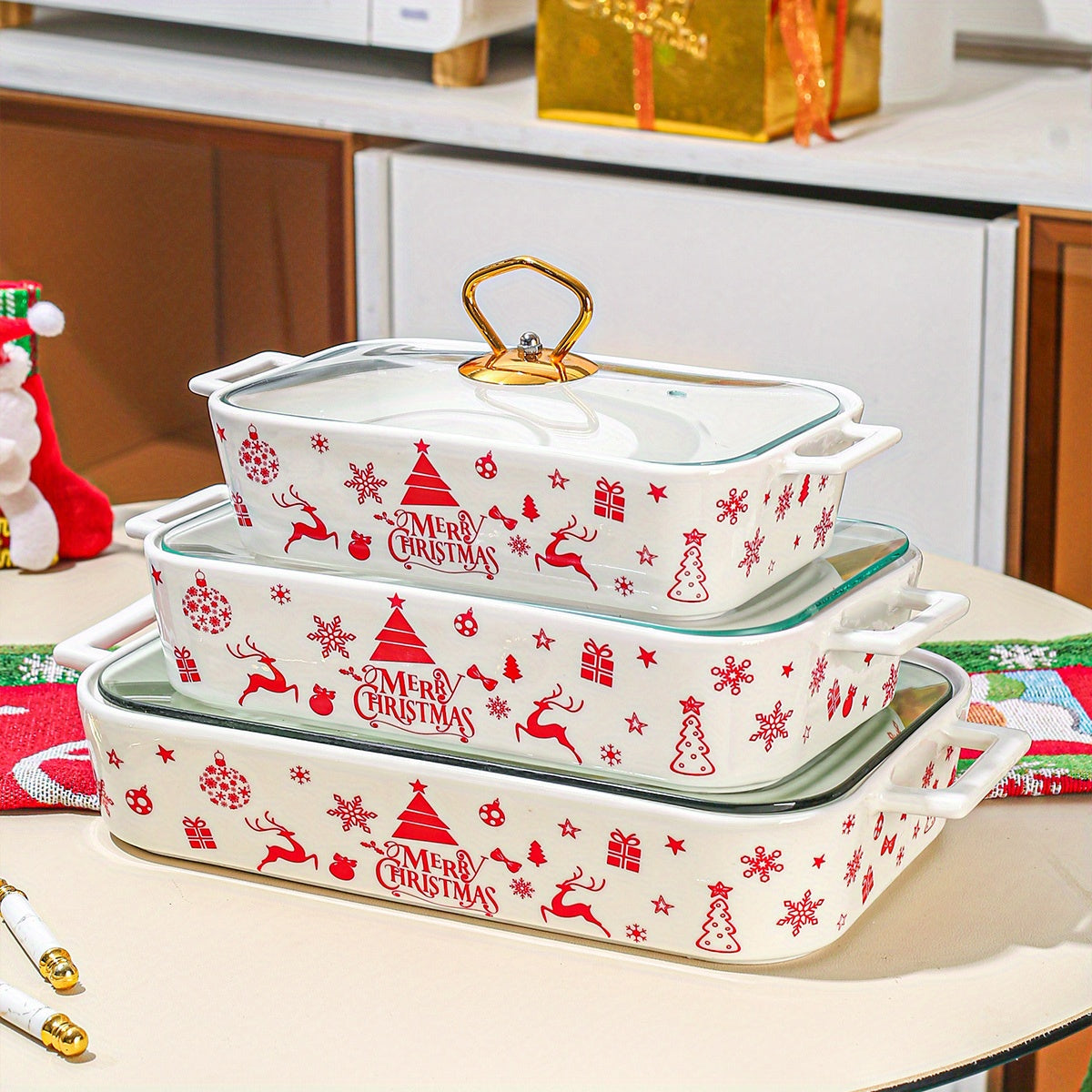 1 piece, set of 3 Christmas ceramic plates for party, home kitchen tableware. Includes soup pot, casserole baking pan, thermal pot, and cooking pot with lid.