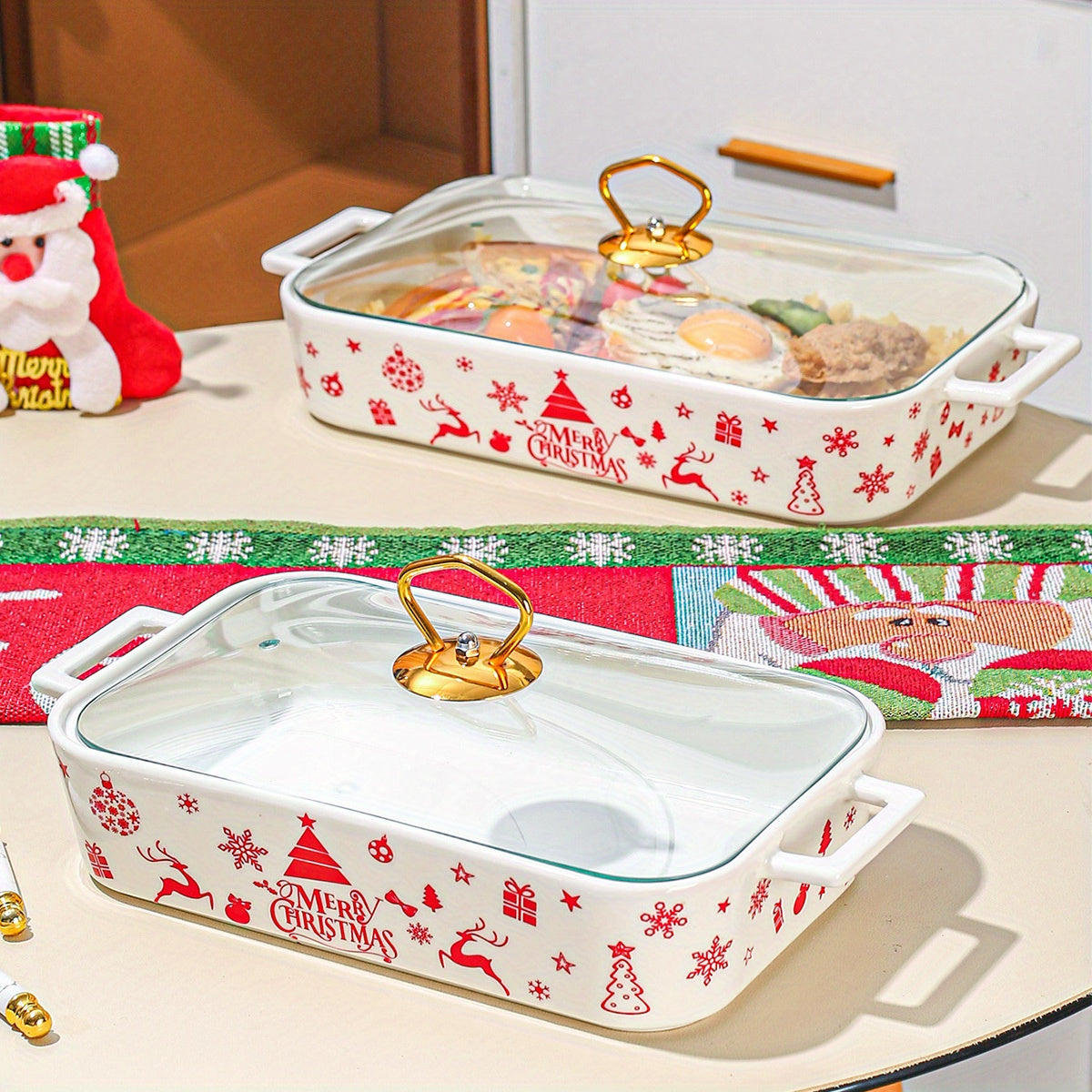 1 piece, set of 3 Christmas ceramic plates for party, home kitchen tableware. Includes soup pot, casserole baking pan, thermal pot, and cooking pot with lid.