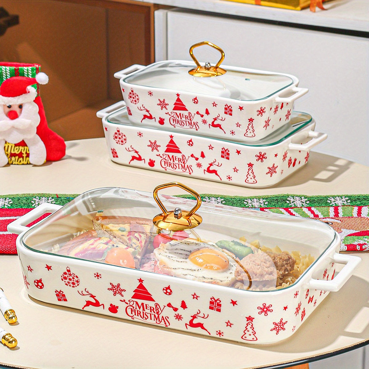 1 piece, set of 3 Christmas ceramic plates for party, home kitchen tableware. Includes soup pot, casserole baking pan, thermal pot, and cooking pot with lid.