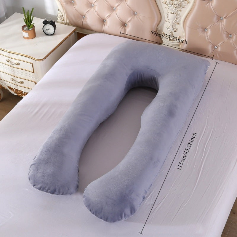 Soft and supportive U-shaped pregnancy pillow designed for maternity support. This portable, hand-washable polyester lumbar cushion provides full body comfort. The perfect gift for expectant mothers.