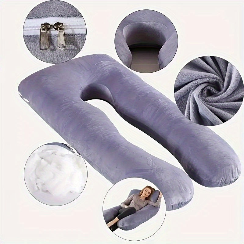 Soft and supportive U-shaped pregnancy pillow designed for maternity support. This portable, hand-washable polyester lumbar cushion provides full body comfort. The perfect gift for expectant mothers.