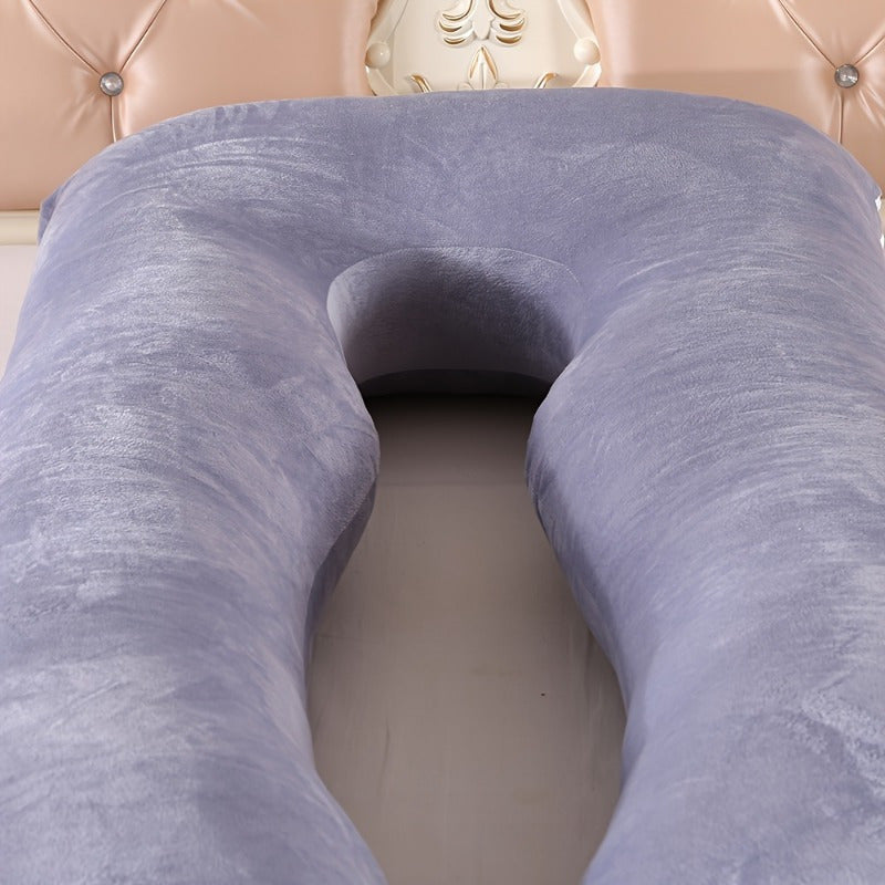 Soft and supportive U-shaped pregnancy pillow designed for maternity support. This portable, hand-washable polyester lumbar cushion provides full body comfort. The perfect gift for expectant mothers.