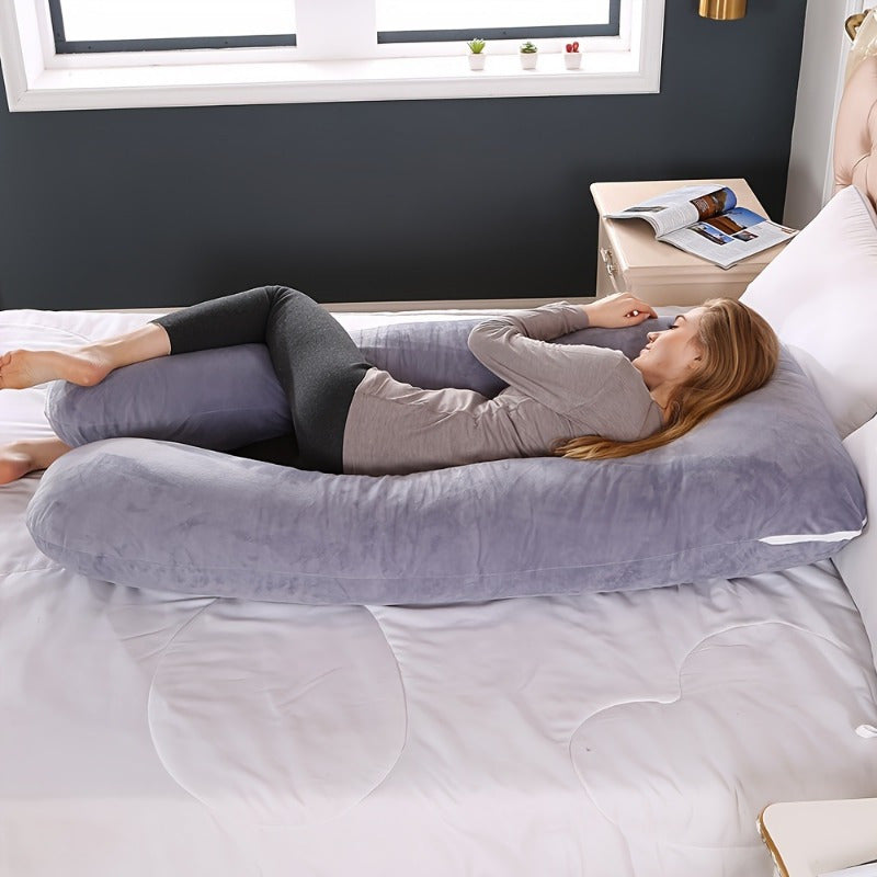 Soft and supportive U-shaped pregnancy pillow designed for maternity support. This portable, hand-washable polyester lumbar cushion provides full body comfort. The perfect gift for expectant mothers.