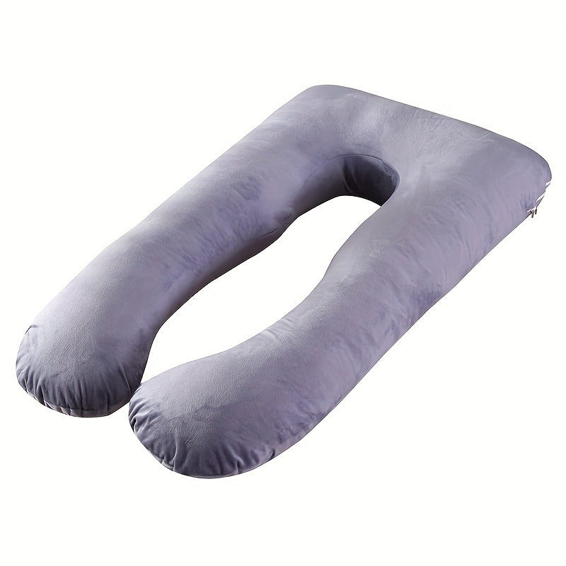 Soft and supportive U-shaped pregnancy pillow designed for maternity support. This portable, hand-washable polyester lumbar cushion provides full body comfort. The perfect gift for expectant mothers.