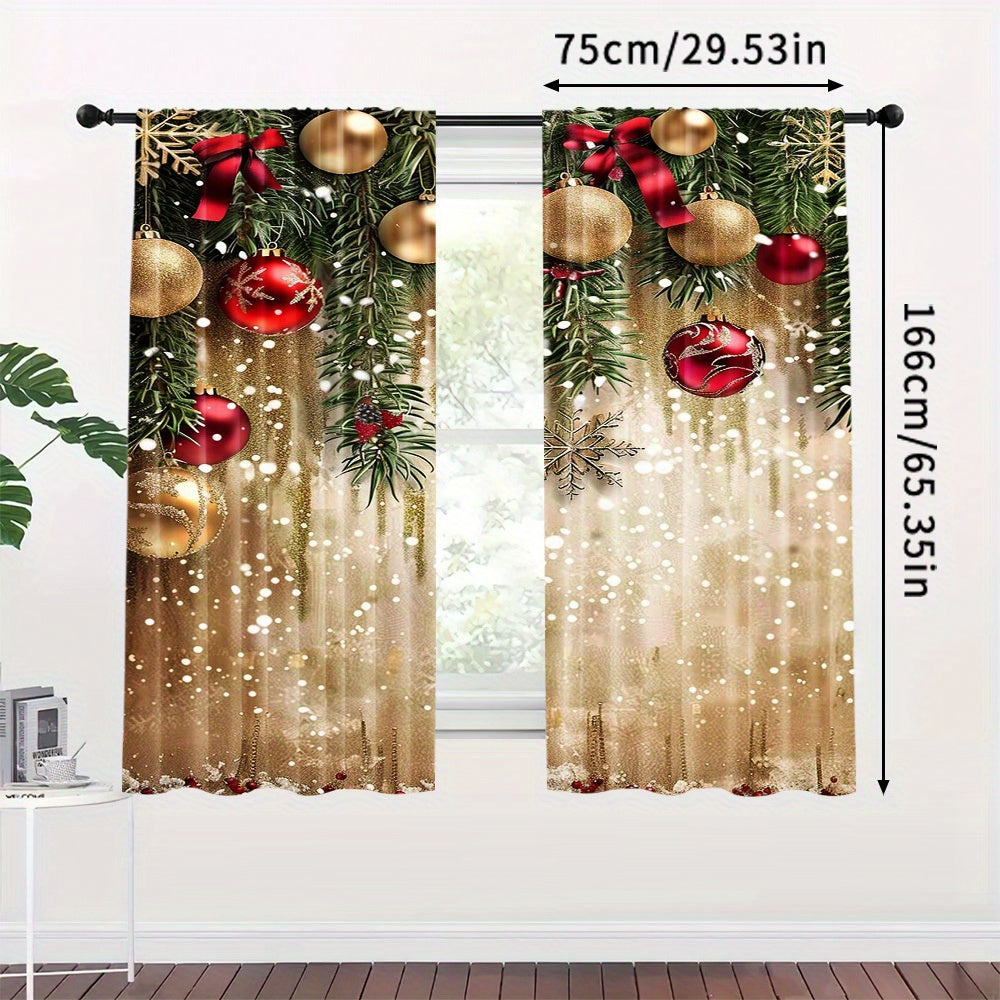 Polyester Christmas Curtains with Golden Balls and Festive Accents - Set of 2, Rod Pocket Drapes for Home Decor, Machine Washable Window Panels for Bedroom & Living Room, Ideal for Ages 14+