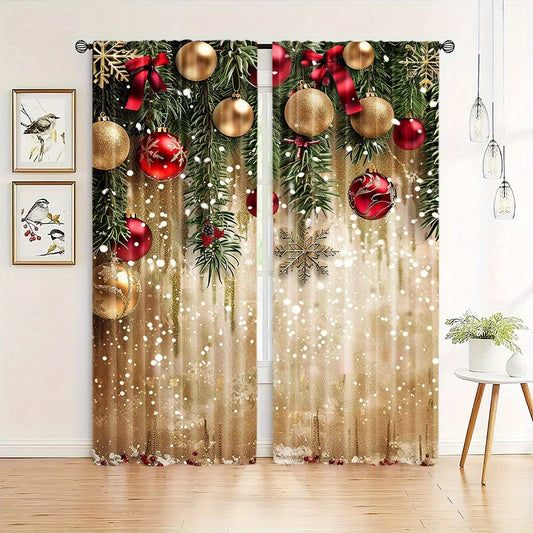 Polyester Christmas Curtains with Golden Balls and Festive Accents - Set of 2, Rod Pocket Drapes for Home Decor, Machine Washable Window Panels for Bedroom & Living Room, Ideal for Ages 14+