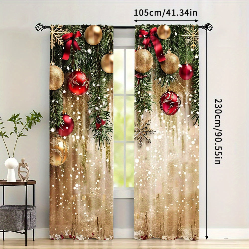 Polyester Christmas Curtains with Golden Balls and Festive Accents - Set of 2, Rod Pocket Drapes for Home Decor, Machine Washable Window Panels for Bedroom & Living Room, Ideal for Ages 14+