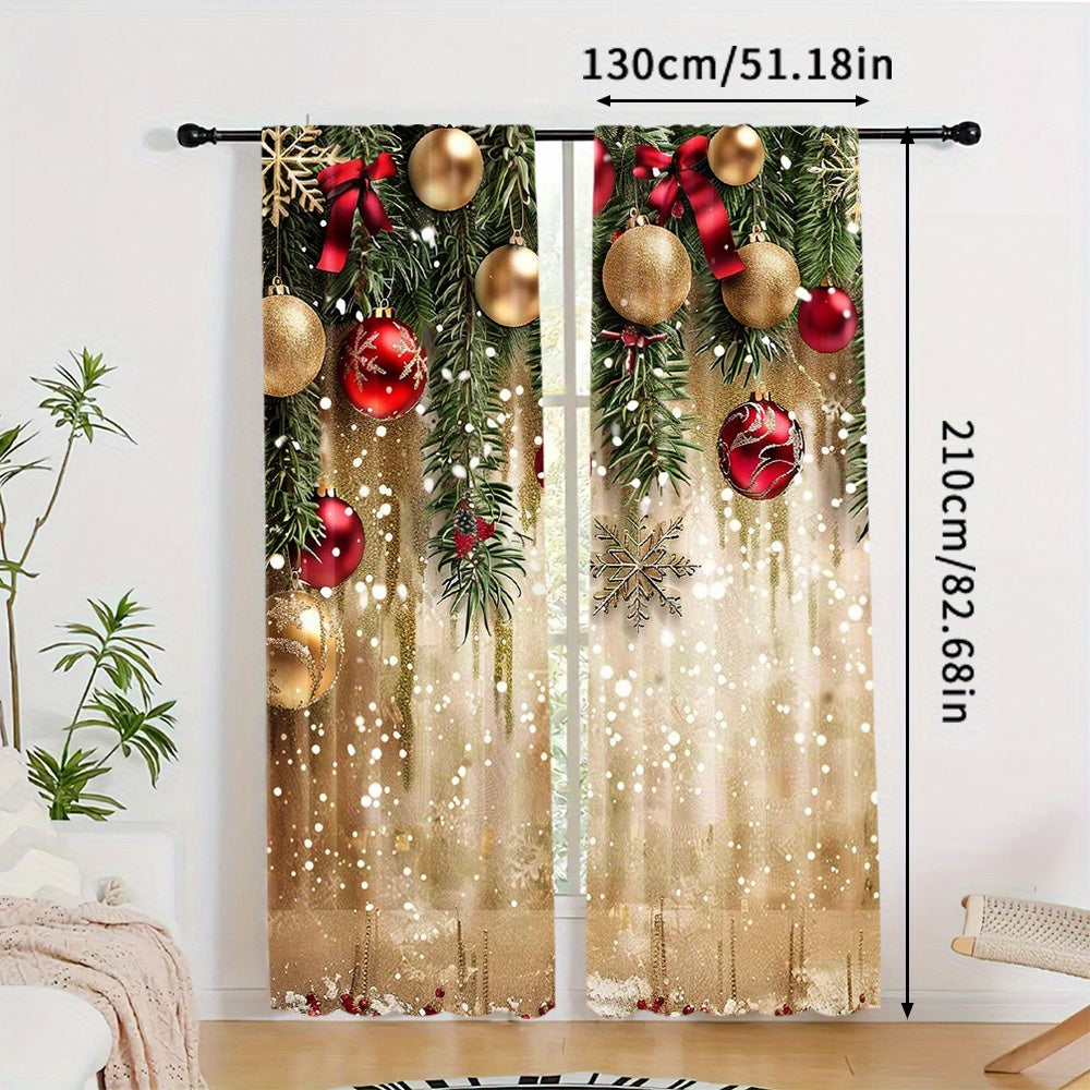 Polyester Christmas Curtains with Golden Balls and Festive Accents - Set of 2, Rod Pocket Drapes for Home Decor, Machine Washable Window Panels for Bedroom & Living Room, Ideal for Ages 14+