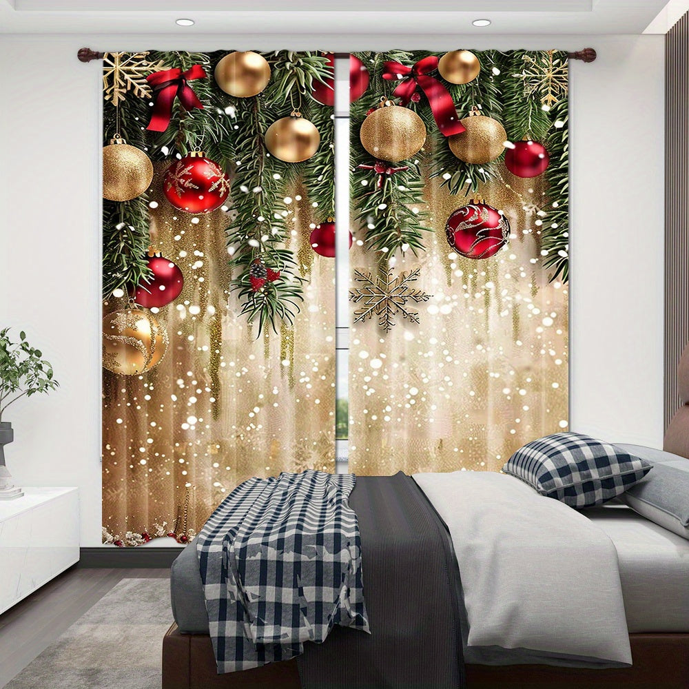 Polyester Christmas Curtains with Golden Balls and Festive Accents - Set of 2, Rod Pocket Drapes for Home Decor, Machine Washable Window Panels for Bedroom & Living Room, Ideal for Ages 14+