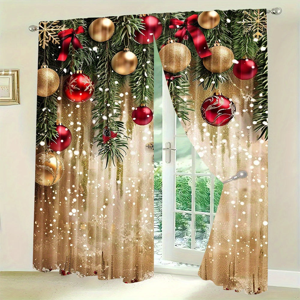 Polyester Christmas Curtains with Golden Balls and Festive Accents - Set of 2, Rod Pocket Drapes for Home Decor, Machine Washable Window Panels for Bedroom & Living Room, Ideal for Ages 14+