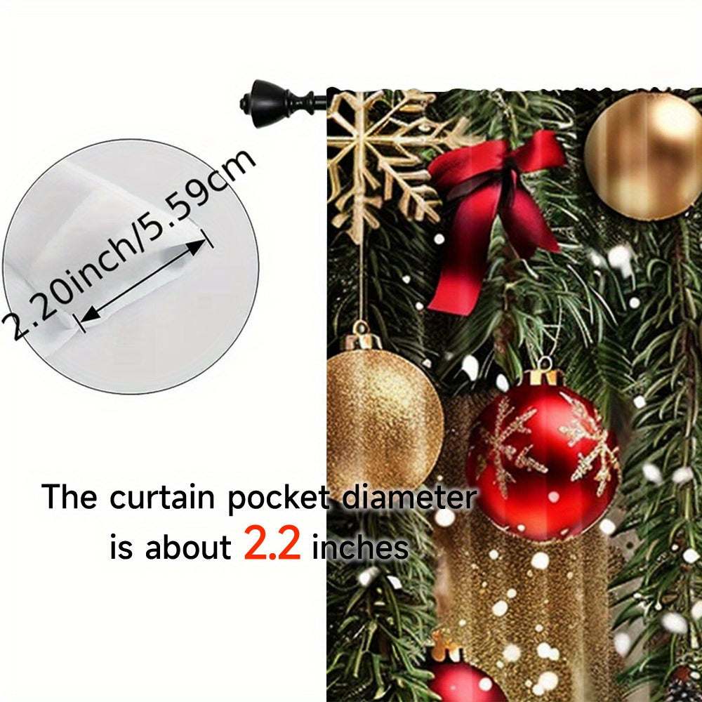 Polyester Christmas Curtains with Golden Balls and Festive Accents - Set of 2, Rod Pocket Drapes for Home Decor, Machine Washable Window Panels for Bedroom & Living Room, Ideal for Ages 14+