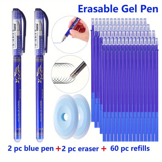 A 64-piece set of erasable gel pens in blue and black, with 0.5mm tips. Includes 2 pens, 2 erasers, and 60 refills. Made of durable plastic with no feathering, featuring mixed color ink.