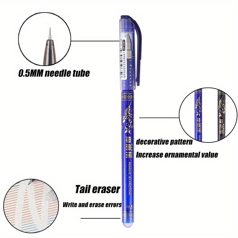 A 64-piece set of erasable gel pens in blue and black, with 0.5mm tips. Includes 2 pens, 2 erasers, and 60 refills. Made of durable plastic with no feathering, featuring mixed color ink.