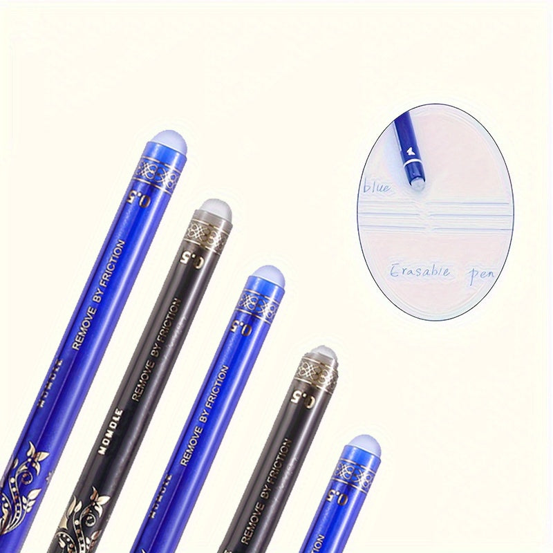 A 64-piece set of erasable gel pens in blue and black, with 0.5mm tips. Includes 2 pens, 2 erasers, and 60 refills. Made of durable plastic with no feathering, featuring mixed color ink.