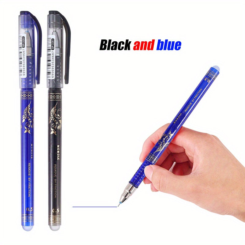 A 64-piece set of erasable gel pens in blue and black, with 0.5mm tips. Includes 2 pens, 2 erasers, and 60 refills. Made of durable plastic with no feathering, featuring mixed color ink.