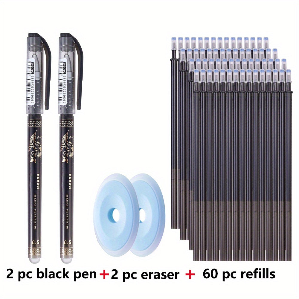 A 64-piece set of erasable gel pens in blue and black, with 0.5mm tips. Includes 2 pens, 2 erasers, and 60 refills. Made of durable plastic with no feathering, featuring mixed color ink.