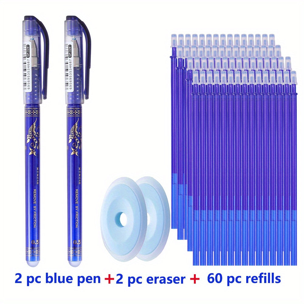 A 64-piece set of erasable gel pens in blue and black, with 0.5mm tips. Includes 2 pens, 2 erasers, and 60 refills. Made of durable plastic with no feathering, featuring mixed color ink.