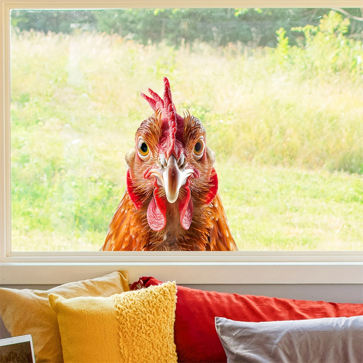 Funny Chicken Head Window Cling in Glam Style - Waterproof PVC Material, Effortless Application for Home Decoration