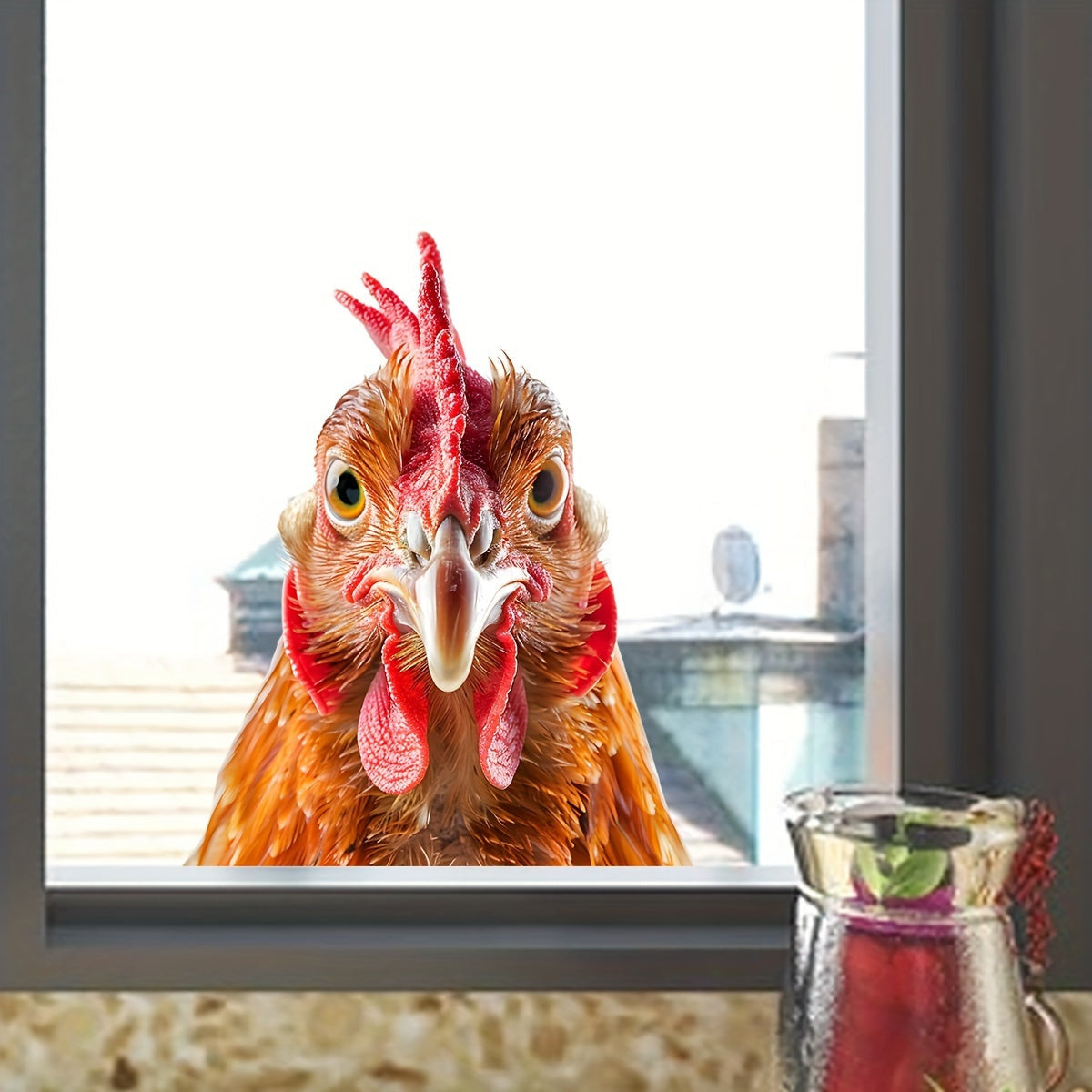 Funny Chicken Head Window Cling in Glam Style - Waterproof PVC Material, Effortless Application for Home Decoration