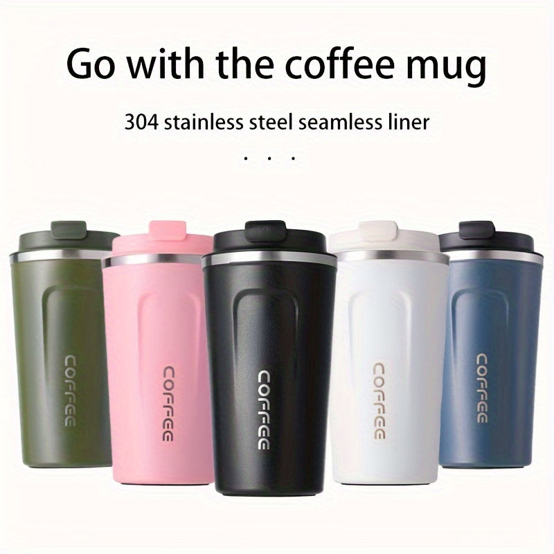 Reusable stainless steel travel mug in 12.85oz/17.25oz sizes, leak-proof and insulated for hot or cold drinks, ideal for both summer and winter, perfect birthday gift. Hand wash only.