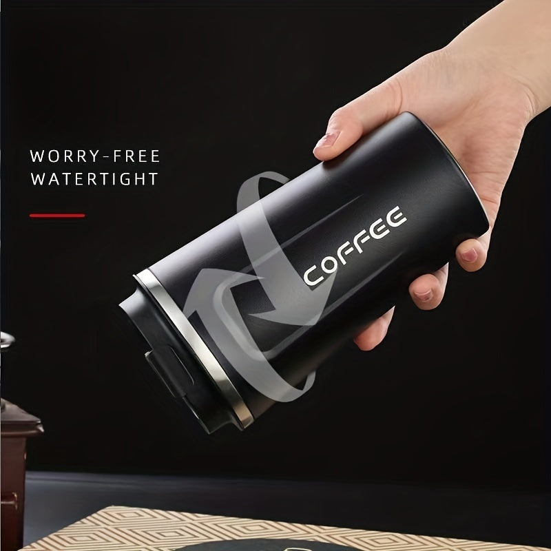 Reusable stainless steel travel mug in 12.85oz/17.25oz sizes, leak-proof and insulated for hot or cold drinks, ideal for both summer and winter, perfect birthday gift. Hand wash only.