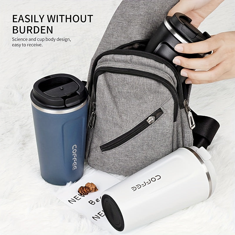 Reusable stainless steel travel mug in 12.85oz/17.25oz sizes, leak-proof and insulated for hot or cold drinks, ideal for both summer and winter, perfect birthday gift. Hand wash only.