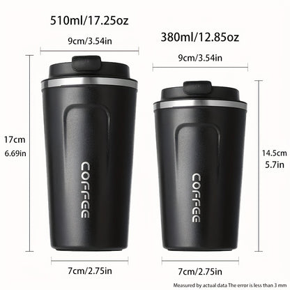 Reusable stainless steel travel mug in 12.85oz/17.25oz sizes, leak-proof and insulated for hot or cold drinks, ideal for both summer and winter, perfect birthday gift. Hand wash only.