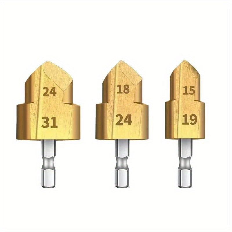 Set of 3 high-speed steel step drill bits with 20/25/32mm sizes and hex shank for reaming water pipes and opening holes.